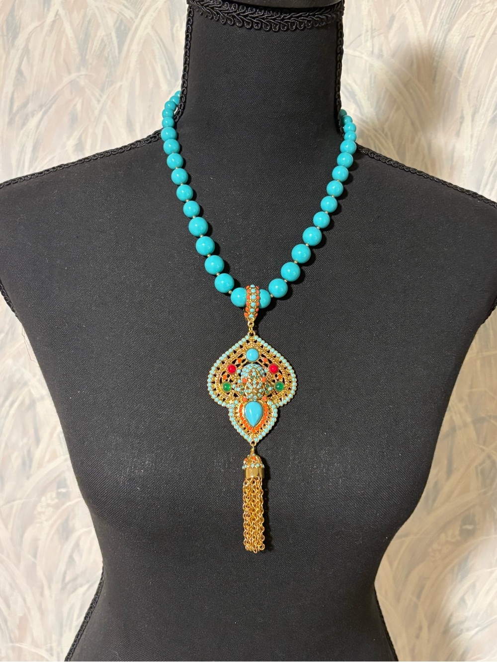 Larisa Barrera Turquoise Cabs with Multi-Colored Stones Pendant Tassel Necklace
